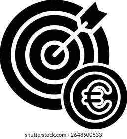  Made in UK target with arrow hitting bulls eye and euro coin vector icon solid style. Suitable for business success