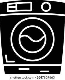 Made in UK Title Of a washing machine, Suitable for home appliance websites, brochures, blog posts, and social media ads focusing on laundry equipment and household essentials vector icon solid style.