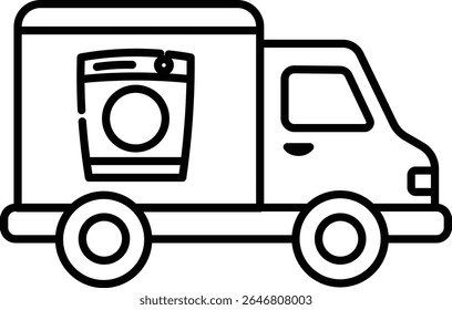 Made in UK  truck with washing machine parked outside, adding color and fun to laundry day vector icon outline style.