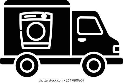 Made in UK  truck with washing machine parked outside, adding color and fun to laundry day vector icon solid style.