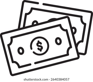 Made in the UK, two cartoon dollar bills ideal for designs vector icon outline style. Perfect for financial, business, currency, and economy related projects.