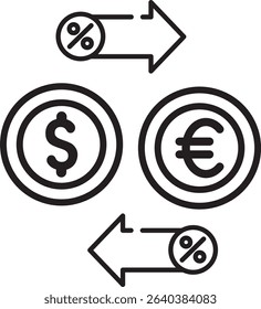  Made in UK two euro coins and arrows with percentage signs depict economic growth vector icon outline style.