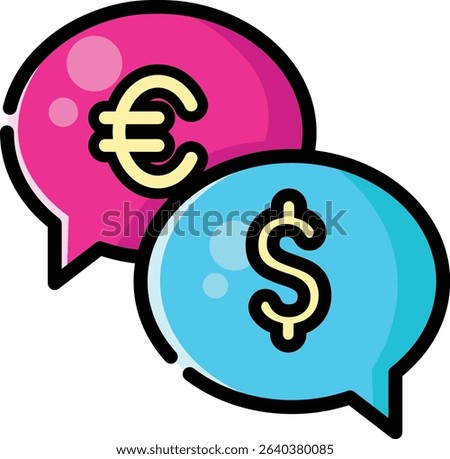 Made in UK two speech bubbles display euro and dollar signs vector icon. Great for business, finance, Brexit, trade, UKEU relations content.