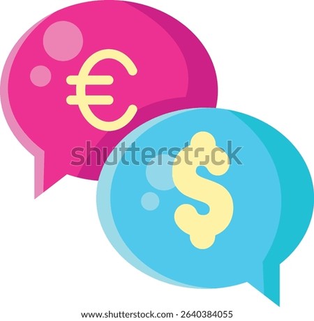 Made in UK two speech bubbles display euro and dollar signs vector icon flat style. Great for business, finance, Brexit, trade.