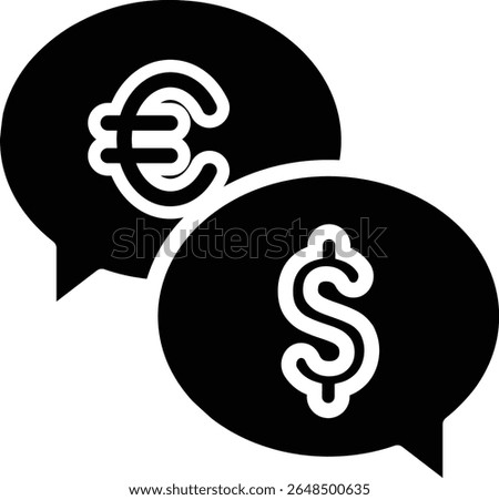 Made in UK two speech bubbles display euro and dollar signs vector icon solid style. Great for business, finance