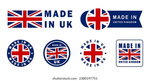 Made in UK vector label set. United Kingdom product stickers. svg