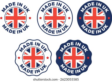 Made in UK Vector Labels – British Quality Stamp Badges with Flag for Products Packaging