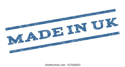 Made In UK watermark stamp. Text caption between parallel lines with grunge design style. Rubber seal stamp with unclean texture. Vector cobalt blue color ink imprint on a white background.
