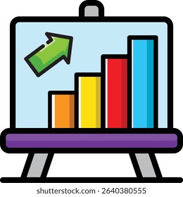 Made in UK whiteboard with bar graph and up arrow suitable for business presentations vector icon, reports, marketing materials, and educational resources.