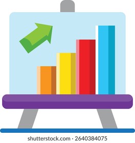 Made in UK whiteboard with bar graph and up arrow suitable for business presentations vector icon flat style, reports, marketing materials,