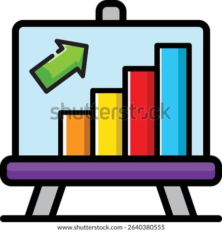 Made in UK whiteboard with bar graph and up arrow suitable for business presentations vector icon, reports, marketing materials, and educational resources.