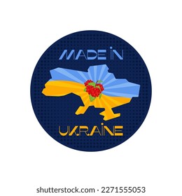 Made in Ukraine Badge Design mit Ukraine Karte und Viburnum. Retro Ukraine-Etikett. Stock-Vektorsymbol-Aufkleber einzeln auf weißem Hintergrund.