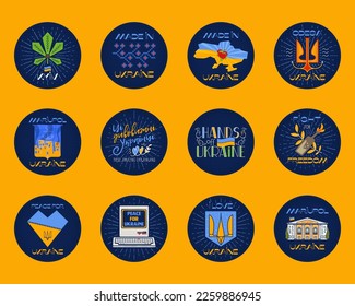 Hergestellt in Ukraine-Badges Design mit verschiedenen Elementen und Aussagen. Ukrainisches Etikett. Stock-Vektorsymbol-Aufkleber einzeln auf gelbem Hintergrund.