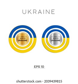 Made in Ukraine Label, Stamp, Badge, or Logo. With The National Flag of Ukraine. On platinum, gold, and silver colors. Premium and Luxury Emblem