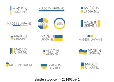 hergestellt in Ukraine Etiketten Set, ukrainisches Produktname. Vektorgrafik