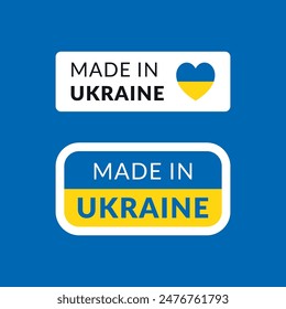 Made in Ukraine vector flat labels set on blue background. Symbols with flag and heart on geometric rectangle frame for packaging design, web, sticker, stamp. 