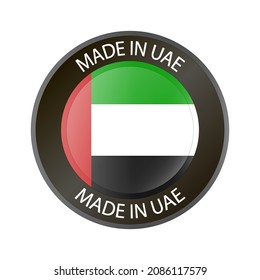 Made in United Arab Emirates 3d-Taste. Rundetikett mit VAE-Flagge. Qualitativ hochwertige Produktkennzeichnung. Glossy-Aufkleber. Runde Ikone. Abzeichen. Erzeugnis der VAE Hergestellt im Nahen Osten