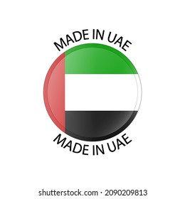 Made in United Arab Emirates 3d button. Round label with UAE flag. High quality product mark. Glossy sticker. Round icon. Badge. Product of UAE. Manufactured in the Near East