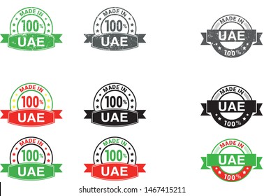 Made in United Arab Emirates collection of ribbon, label, stickers, badge, icon and page curl with UAE flag symbol. Vector illustration isolated on white background.  Stamp with Made in UAE text.

