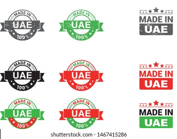 Made in United Arab Emirates collection of ribbon, label, stickers, badge, icon and page curl with UAE flag symbol. Vector illustration isolated on white background.  Stamp with Made in UAE text.
