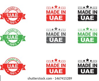 Made in United Arab Emirates collection of ribbon, label, stickers, badge, icon and page curl with UAE flag symbol. Vector illustration isolated on white background.  Stamp with Made in UAE text.
