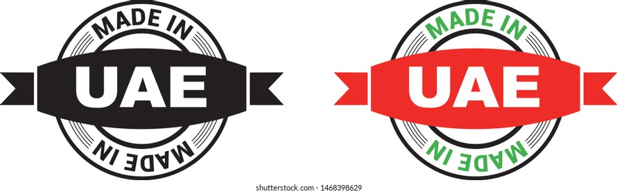 Made in United Arab Emirates collection of ribbon, label, stickers, badge, icon and page curl with UAE flag symbol. Vector illustration isolated on white background.  Stamp with Made in UAE text.