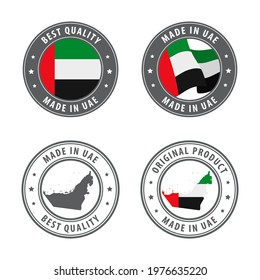 Made in United Arab Emirates - set of labels, stamps, badges, with the UAE map and flag. Best quality. Original product. Vector illustration