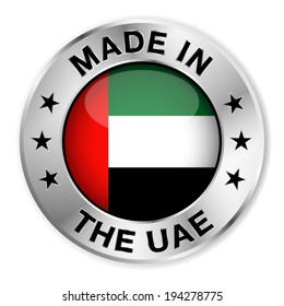 Made in United Arab Emirates silver badge and icon with central glossy Emirati flag symbol and stars. Vector EPS10 illustration isolated on white background.