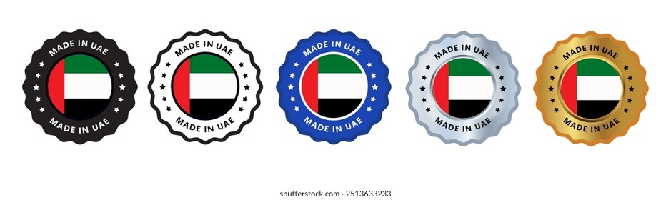 Made in United Arab Emirates - UAE set of sign stamp badge, with varian color green, silver, gold, black suitable for products manufactured, military, agriculture or food vector illustration editable