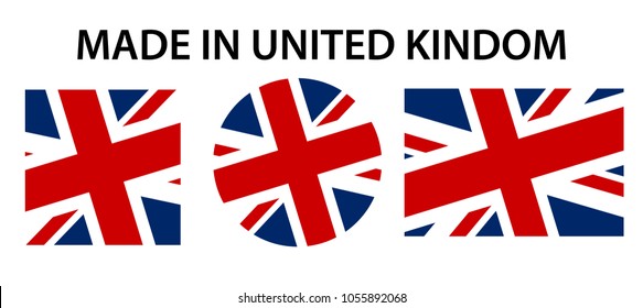 Made in the United, kindom England vector icon set. Labels in colors of american flag isolated on white background. Product sticker from europe or England. Nation logo with flag.
