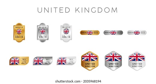 Made in United Kindom Label, Stamp, Badge, or Logo. With The National Flag of UK, Britain, British. On platinum, gold, and silver colors. Premium and Luxury Emblem svg
