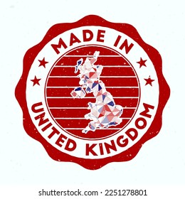 Made In United Kingdom. Country round stamp. Seal of United Kingdom with border shape. Vintage badge with circular text and stars. Vector illustration.