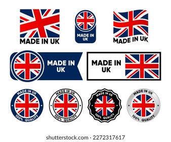 Made in United Kingdom label collection. Set of flat isolated stamp made in UK. 100 percent quality. Quality assurance concept. Vector illustration.