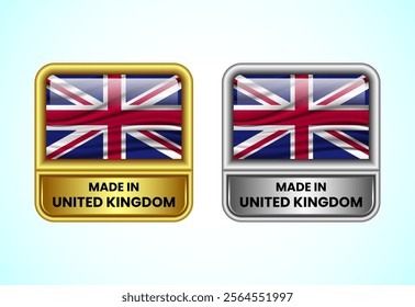 Made in United Kingdom label icon in gold and silver color. Flag icon set for business