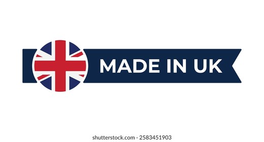 Made in United Kingdom label with UK flag colors. High-quality certification badge for UK products, branding, and manufacturing authenticity