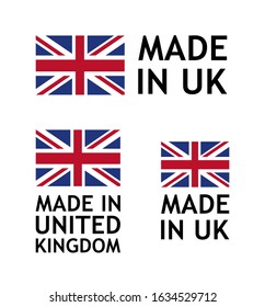 Made in United Kingdom Label, Vector Tag template with UK Flag isolated on white.