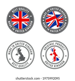 Made in United Kingdom - set of labels, stamps, badges, with the United Kingdom map and flag. Best quality. Original product. Vector illustration
