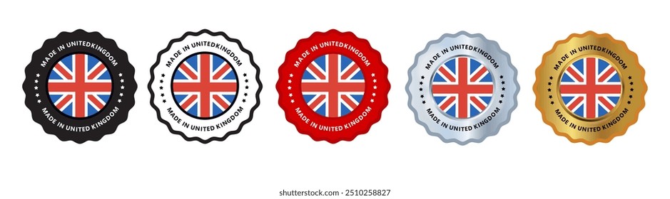 Hecho en el Reino Unido conjunto de la insignia del sello de la muestra, con el color variante rojo, azul, plateado, oro, negro conveniente para los productos manufacturados, militares, la agricultura o la Ilustración vectorial alimentaria eps texto editable