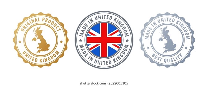 Made in United Kingdom - set of stamps with map and flag. Best quality. Original product. Vector illustration