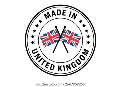 Made in United Kingdom stamp with two crossed Union Jack flags. Black and white vector illustration on a white background.