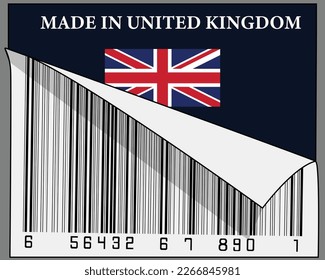 Made in United kingdom text and their country flag sign with half barcode poster design. Isolated on gray background.