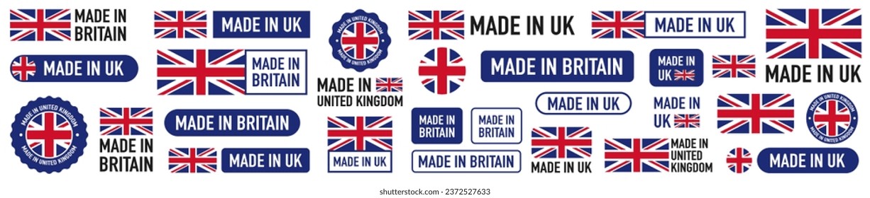 Made in United Kingdom, UK badges and emblems of set collection illustrations.	
