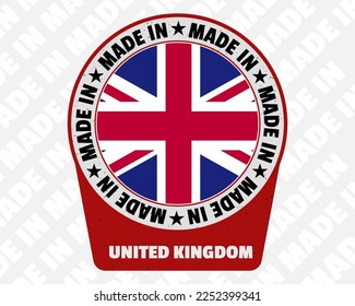 Hergestellt in Großbritannien, Vektorzeichen, einfaches, isoliertes Symbol mit Länderflagge, Ursprungskennzeichnung des Vereinigten Königreichs, Design der Zeichen, gerundet in Text