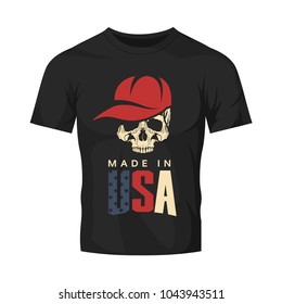 Made in United States of America vector t-shirt logo isolated on white background. Premium quality skull in baseball cap logotype tee-shirt illustration. Street wear modern American tee print design.