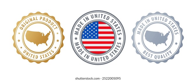 Made in United States - set of stamps with map and flag. Best quality. Original product. Vector illustration