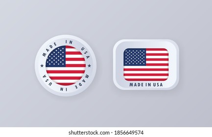 Made in United States. USA made. USA emblem, label, sign, button, badge in 3d style. United states flag. American symbol. Vector illustration. EPS10