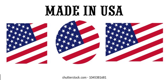 Made in the United States USA vector icon set. Labels in colors of american flag isolated on white background. Product sticker from america or usa. Nation logo with flag.