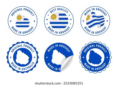 Feito no Uruguai - conjunto de etiquetas, selos, distintivos, com o mapa e bandeira do Uruguai. Melhor qualidade. Produto original. Ilustração vetorial