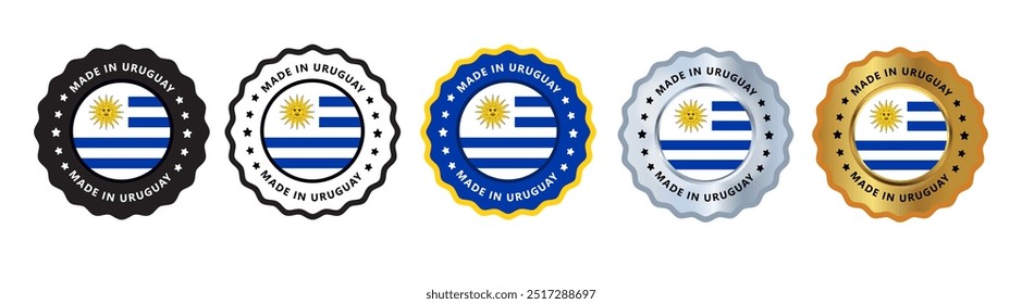 Feito no uruguai conjunto de selo de assinatura emblema, com variante cor azul, prata, ouro, preto adequado para produtos fabricados, militar, agricultura ou ilustração vetor alimentar eps texto editável