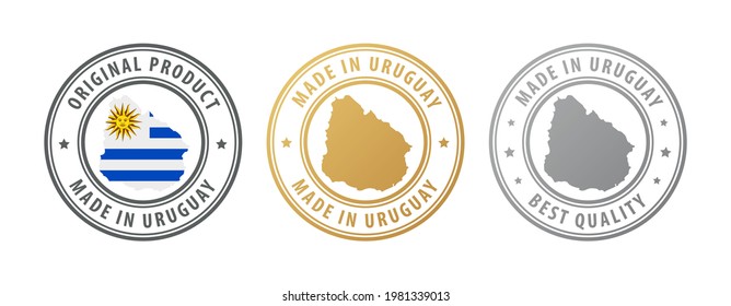 Made in Uruguay - set of stamps with map and flag. Best quality. Original product. Vector illustration